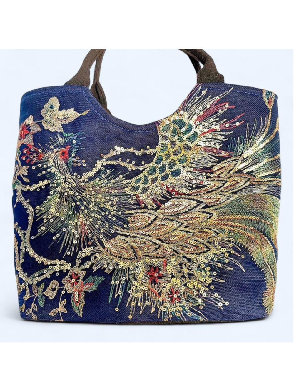 Navy blue sequin tote bag with peacock design #glamour #party